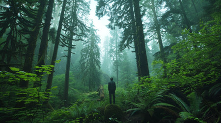 A lone figure stands at the edge of a thick forest with back to the camera as they marvel at the towering trees and lush greenery .の素材