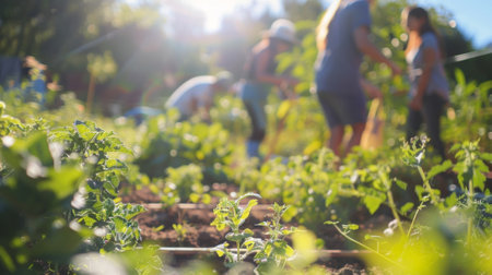 Defocused view of a group working with plants in a community gardenの素材