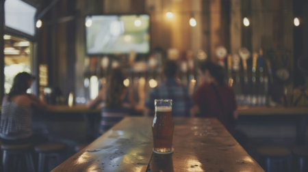 Softly blurred image of a group admiring the rustic decor of the brewerys tasting roomの素材