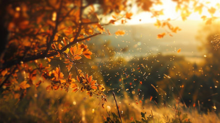 A dreamy out of focus landscape featuring hints of rustcolored leaves and hints of vintage elements capturing the rustic essence of a countryside escape.の素材