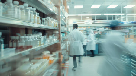 Defocused image of a bustling forensic lab with shelves of test tubes and evidence bags in the background. The lab is abuzz with activity as technicians examine and yze the collectedの素材