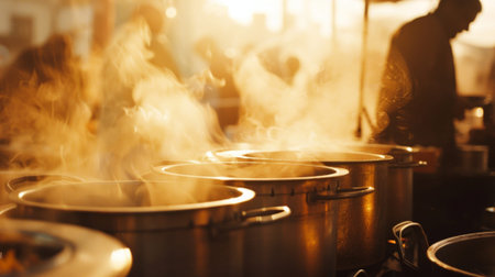 A glimpse into a busy soup kitchen through the hazy steam rising from large pots giving a sense of the warmth and comfort provided by a hot meal to those in need.の素材