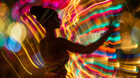 Vibrant streaks of color create a dreamy atmosphere behind the energetic performersの素材