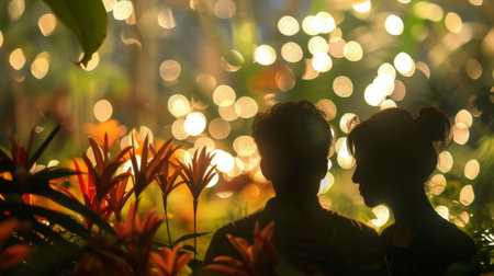 Fuzzy silhouettes dance a unidentified tropical plants at the botanical garden eventの素材