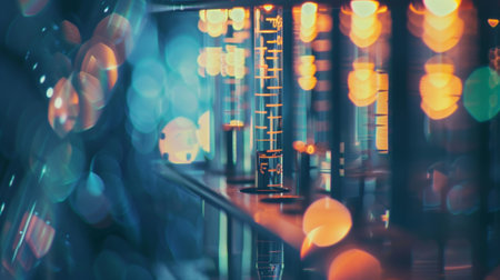 Soft blurred lights and the vague silhouettes of genetic research equipment form the backdrop of this image immersing the viewer in the captivating world of biotechnology.の素材