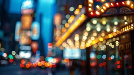 Softly out of focus theater marquee its bold lettering and striking lights creating a mesmerizing backdrop for the bustling city streets.の素材