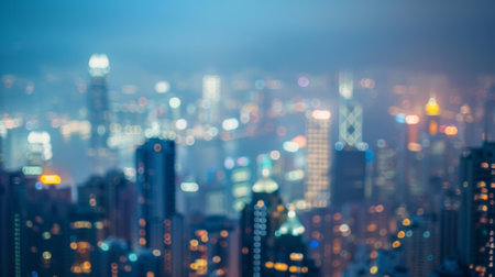 Dimly lit skyline of a bustling city its towering skysers blending together in a dreamy defocused effect.の素材