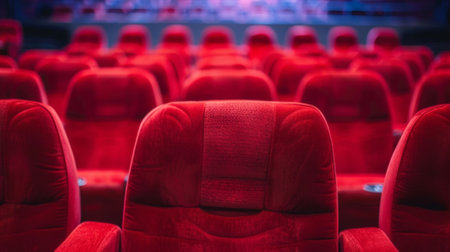 Blurred rows of comfortable cinema seats inviting viewers to take a break from reality and get lost in the world of film.の素材