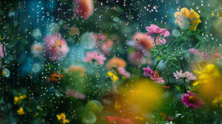Rainy Garden Mirage A distorted but enchanting view of a luscious garden seen through a mist of raindrops. The defocused background creates a whimsical illusion as if the garden isの素材