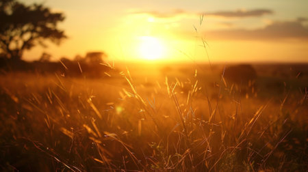 The warm glow of a distant savanna sunset shines through a defocused landscape with silhouettes of roaming wildlife adding a sense of mystery and wonder.の素材