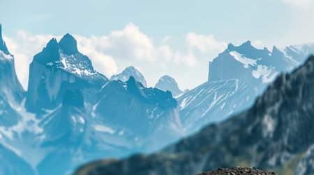 The soft defocused backdrop of towering peaks and rolling valleys beckons to the intrepid adventurer promising endless discovery and enigma.の素材