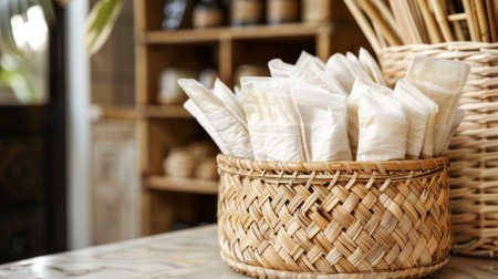 A woven basket holds an array of compostable cleaning wipes made from 100% bamboo fibersの素材