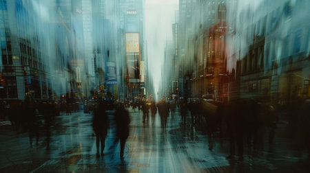 Opaque Cityscape A blurred vision of a bustling metropolis with towering skysers reflecting the chaotic nature of city life.の素材