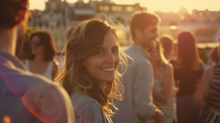 Smiling faces and blurred conversations add to the energy of the rooftop gatheringの素材