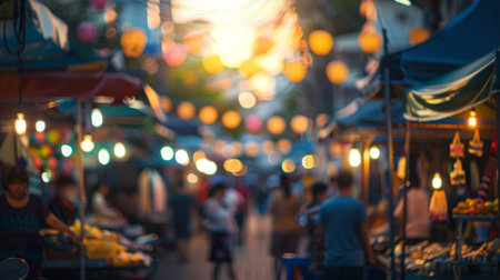 A serene and mysterious atmosphere envelops an urban marketplace as the sun sets leaving behind a blurred cityscape beyond the colorful stalls and bustling crowds.の素材