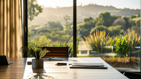 Soft natural light streams through curtains casting a dreamy atmosphere over the office space. Beyond the glass a lush landscape of rolling hills and trees creates a calming contrastの素材