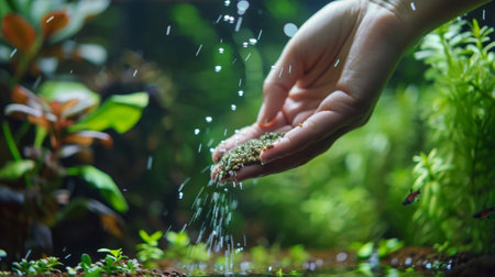 A hand sprinkling fish food into a tank while plants flourish in the backgrounの素材