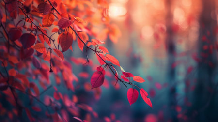 A defocused image of a dense forest with the vibrant red and orange leaves creating a striking contrast against the soft blurred background giving a sense of depth and tranquilityの素材