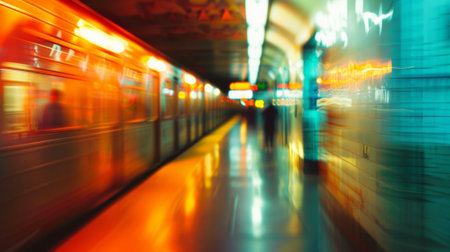 As if through a dream the subway platform becomes a blur of colors and shapes hinting at the chaotic and frenzied nature of city living. The outoffocus background perfectly encapsulatesの素材