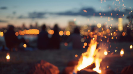 Blurred lights and muted colors of a cityscape at twilight lending an urban touch to a fall bonfire party with friends.の素材