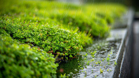 A closeup of a green roofs drainage system allowing excess water to be collected and reusedの素材