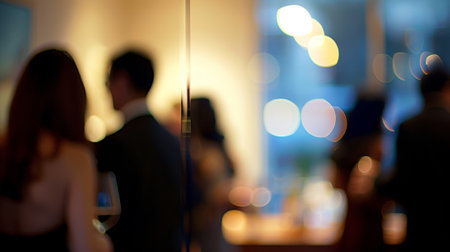 A defocused glimpse of coworkers mingling at an office party showcasing the offices sense of communityの素材