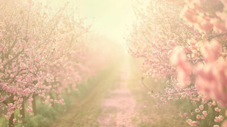 Feast your eyes on the dreamy rows of pastelcolored orchard trees creating a soft and ethereal backdrop. The blurred details add a touch of enchantment to this beautiful blossomingの素材