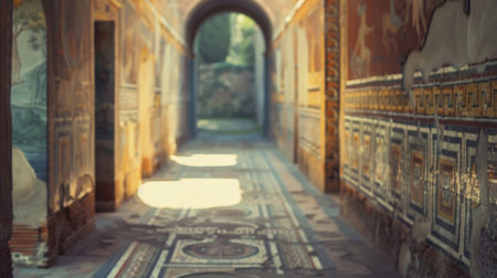 Fading frescoes and intricate mosaics create a dreamlike background transporting viewers to the opulent interior of a Roman villa. The defocused imagery highlights the beauty and grandeurの素材