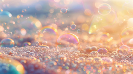 Soft bubbles float lazily through the blurred landscape with hints of glittering treasures adorning the sandy seabed below.の素材