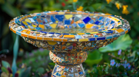A mosaic birdbath crafted from broken pieces of tile providing both beauty and functionality to the gardenの素材