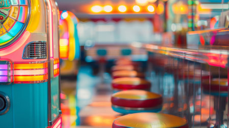 Defocused background image of a Rock n Roll Diner Time The dreamy blurriness of this image sets the scene for a classic diner straight out of the 1950s. The jukebox is the main attractionの素材