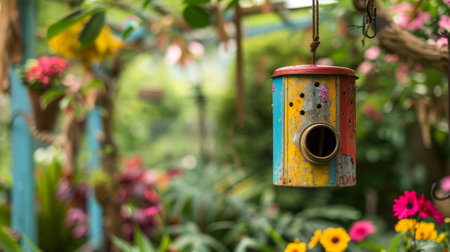 A colorful birdhouse made from an old tin can and scrap wood hanging in a lush gardenの素材
