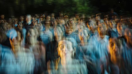 Faces merge into a blurred sea of expressions at the openair theatreの素材