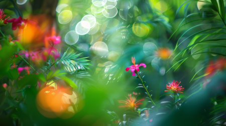 Lush Floral Blur of the Tropics Layers of lush foliage and brightly hued flowers are beautifully blurred exuding a sense of tranquility in this defocused rainforest image.の素材