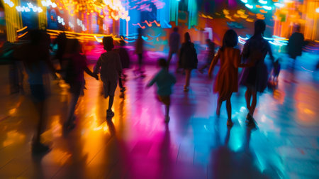 Fuzzy outlines of playing children in a vibrant indoor wonderlandの素材