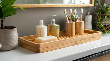 A bathroom counter with a bamboo toothbrush bar soap and shampoo bars neatly arranged in a wooden trayの素材