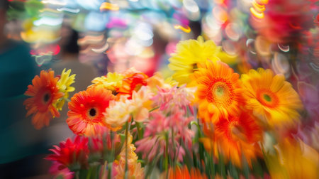 The festival is a blur of activity with unique flower displays and lively visitorsの素材