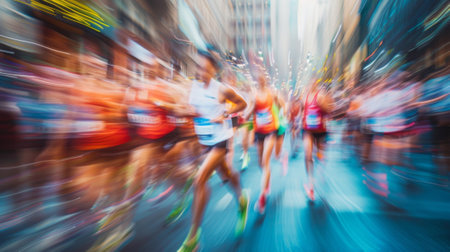Blurred colors and movement depict the chaos of a city marathon reflecting the vibrant energy of the raceの素材