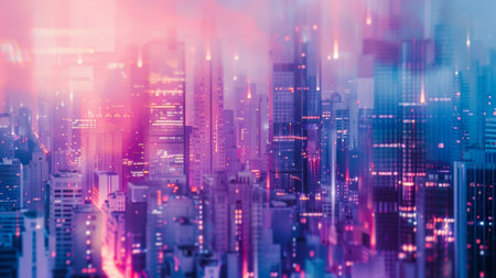 A dreamy defocused backdrop of soft purples and pinks creates a mesmerizing contrast to the sharp edges of city buildings in this stunning tapestry.の素材