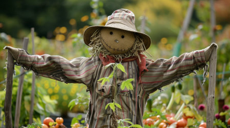 A scarecrow made from old clothes and a wooden pole adding a touch of character to a vegetable patchの素材