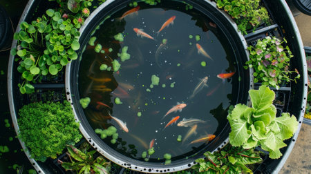 An overhead view of a circular aquaponics system with various types of fish and plantの素材