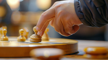 A blurred hand carefully moving a pawn into position on the boardの素材