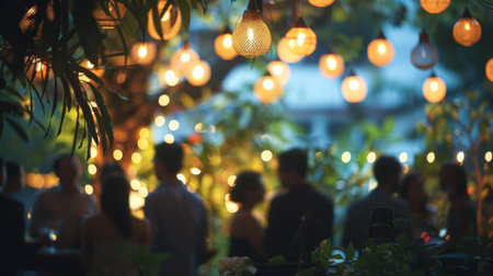 Fuzzy outlines of garden party attendees mingling a potted plants and lanternの素材