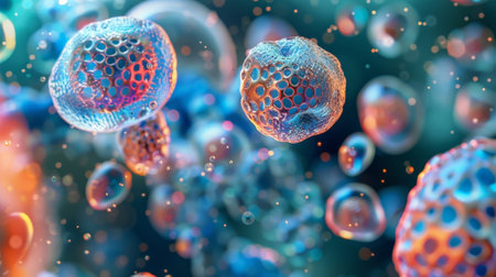 A series of protein transport vesicles moving through a cells cytoplasmの素材