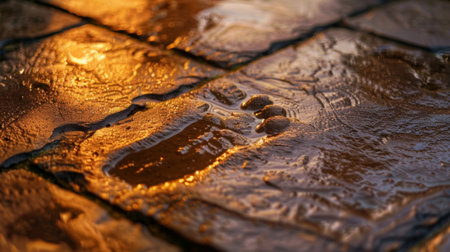 A closeup of a muddy footprint on a glossy tile floor with the reflection of light highlighting the different textures and depths of the printの素材