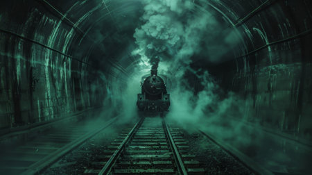 The train appears and disappears in a flash leaving behind a trail of eerie green smoke. The walls of the tunnel seem to morph and contort creating a disorienting and unsettling feelinの素材