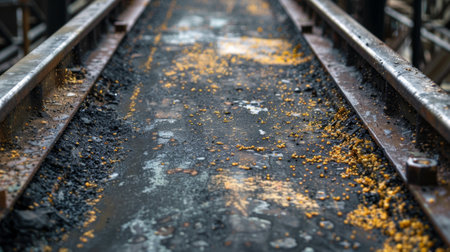 Scuffed and faded design on a once vibrant conveyor belt a testament to its frequent useの素材