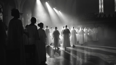 Despite their ghostly appearance the choirs voices were angelic and resonated with a sense of longing and sorrowの素材