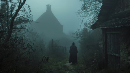 The eerie presence of a spectral figure could be felt by anyone who dared to step foot in the deserted village sending shivers down their spineの素材