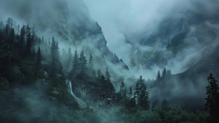 An otherworldly aura surrounds the misty pass as if the mountains themselves are alive with the restless spirits that call it homeの素材